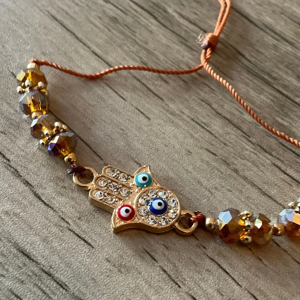 Gold Hamsa Charm Kids Bracelet with Amber Beads